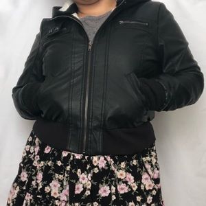Faux Leather Sherpa Lined Hooded Jacket